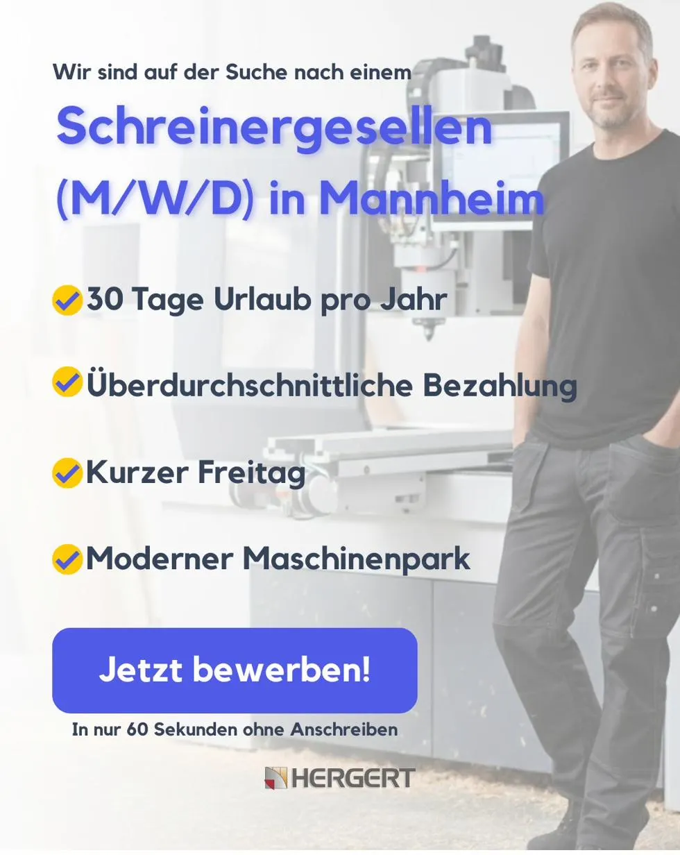 Die abgeschaltete Stellenanzeige der Schreinerei Hergert: derselbe Text vor einem Werkstattfoto, mit blauem Knopf und dem Logo des Betriebs.