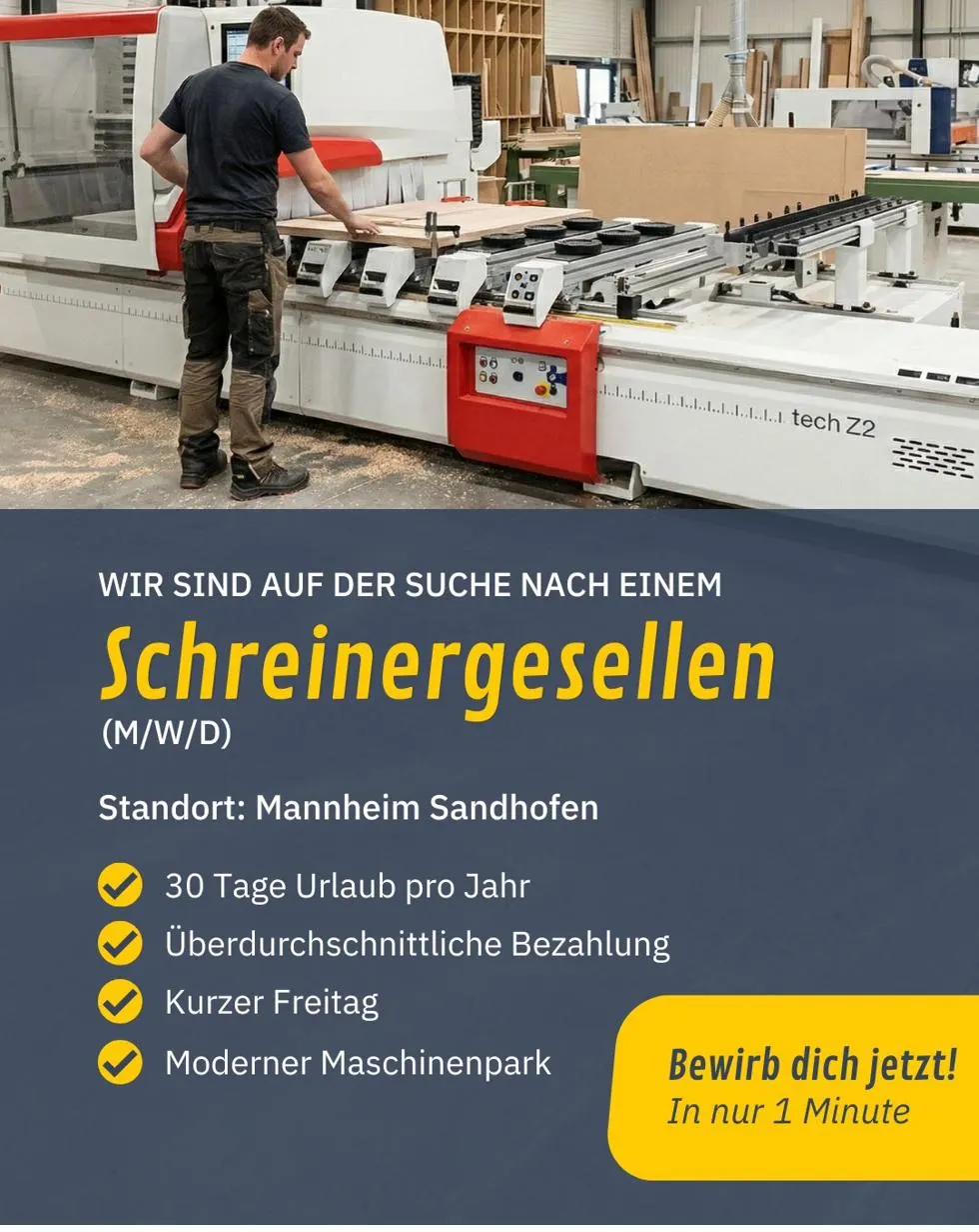 Die weitergelaufene Stellenanzeige der Schreinerei Hergert: ein Schreiner an der Maschine in der Werkstatt, darunter die Suche nach einem Schreinergesellen (m/w/d) am Standort Mannheim Sandhofen.