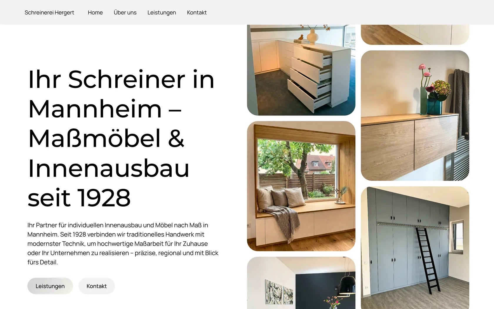 Die Startseite am Rechner: links eine große Überschrift mit dem Gründungsjahr 1928, darunter ein kurzer Einführungstext und zwei Schaltflächen, rechts eine Bilderwand aus Fotos gebauter Möbel und Innenausbauten.