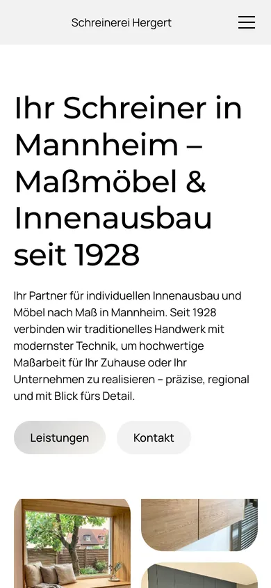 Dieselbe Startseite am Handy: Überschrift, Einführungstext und die zwei Schaltflächen stehen untereinander, die Fotos folgen darunter.